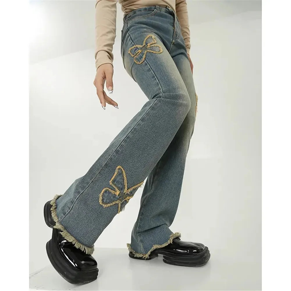 2000s Butterfly Embroidery Flared Jeans