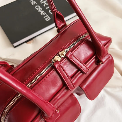 Retro Red Leather Shoulder Bag