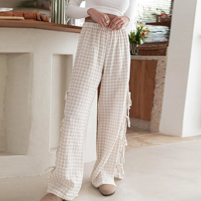 Gingham Wide-Leg Ribbon Tie-Up Pants