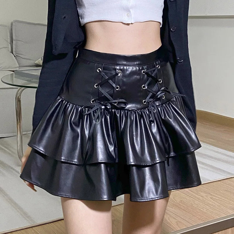 Goth Leather Lace Up Mini Skirt