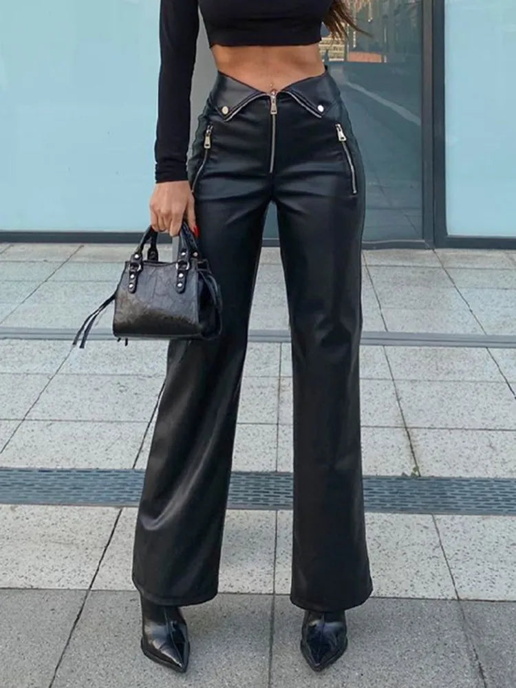 PU Leather Zip Up High Rise Pants