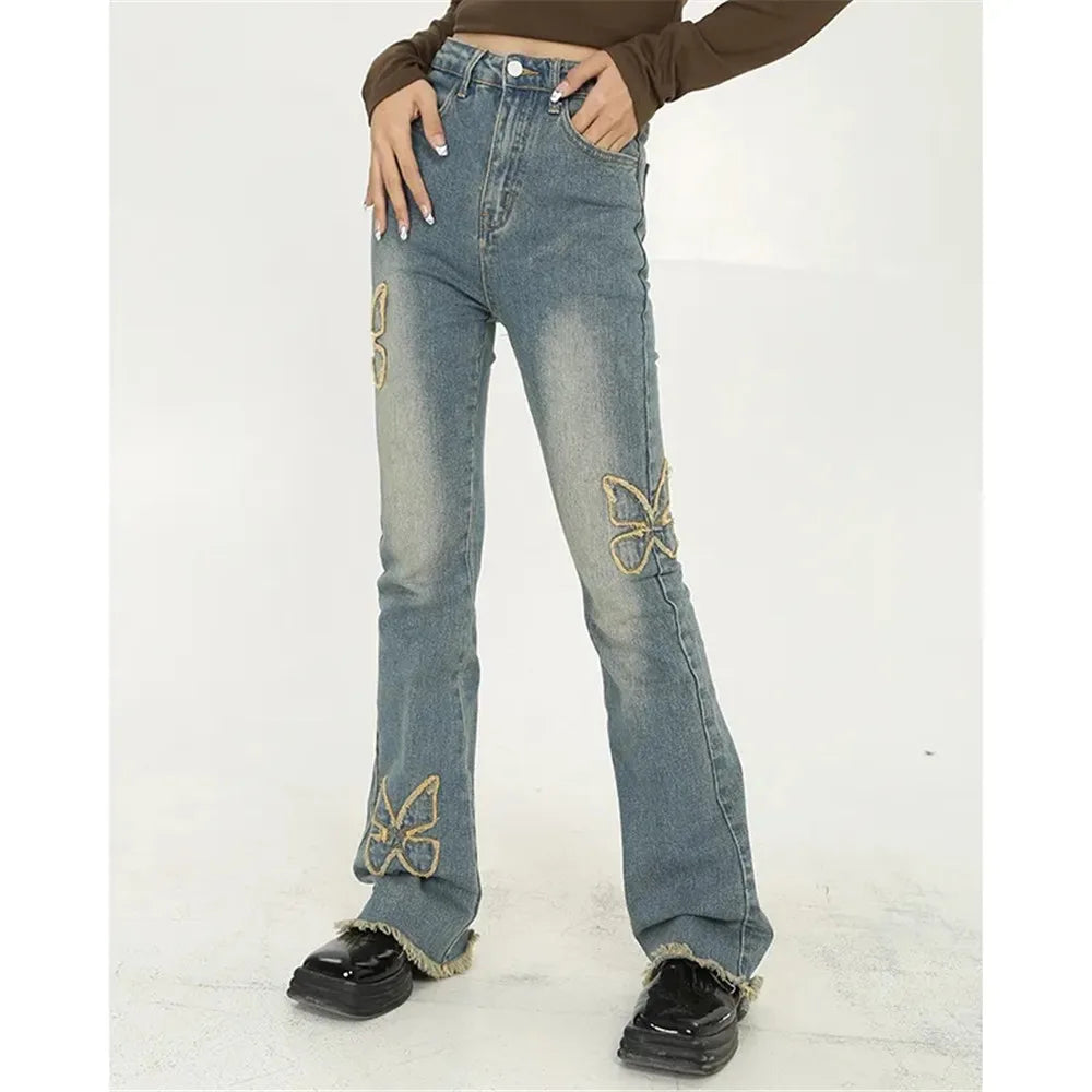 2000s Butterfly Embroidery Flared Jeans