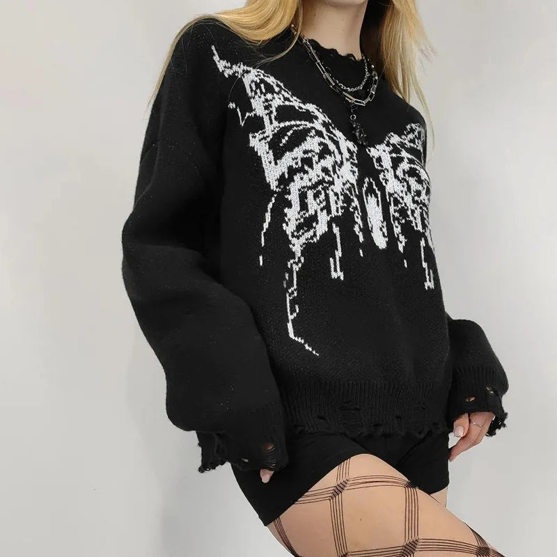 Gothic Butterfly Distressed Sweater