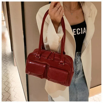 Retro Red Leather Shoulder Bag