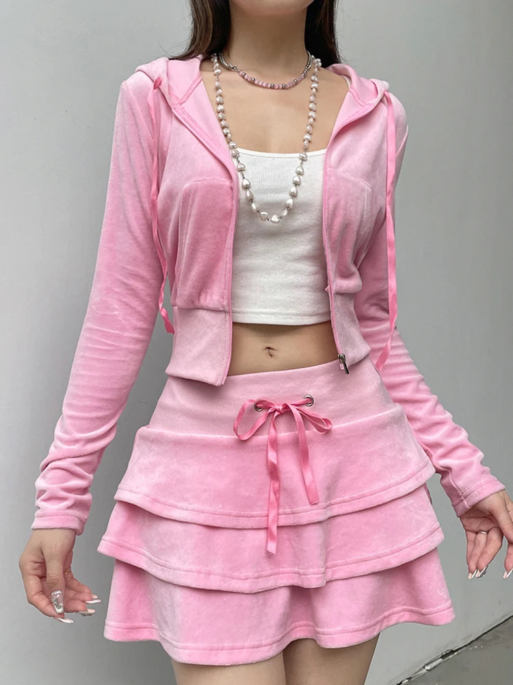 Sweetie Velvet Skirt Tracksuit Set