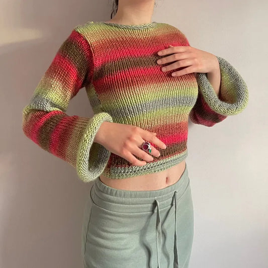 90s Patchwork Trumpet Sleeve Crochet Top