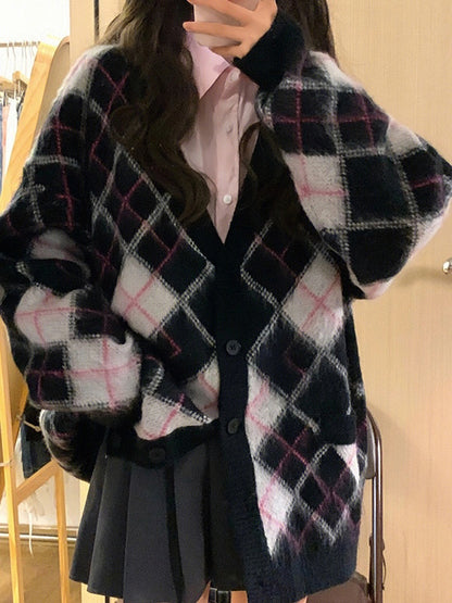 Argyle Jacquard Loose Fuzzy Cardigan