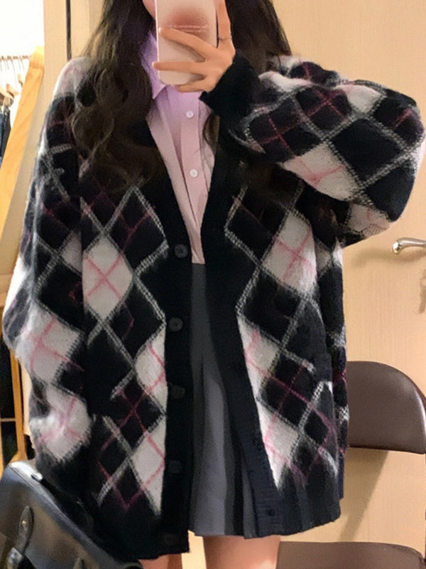 Argyle Jacquard Loose Fuzzy Cardigan