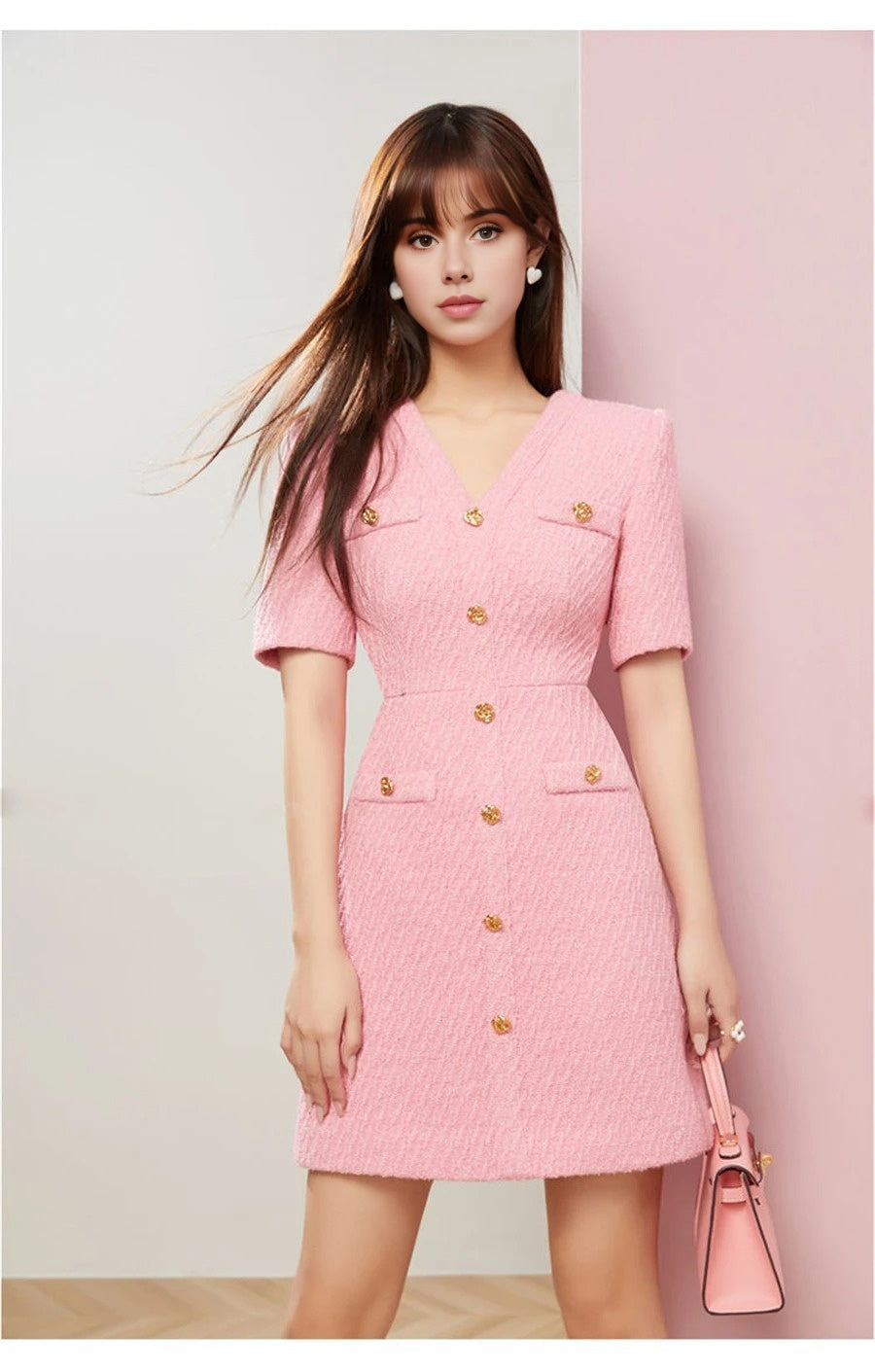 Y2K Tweed Pink Button Up Dress