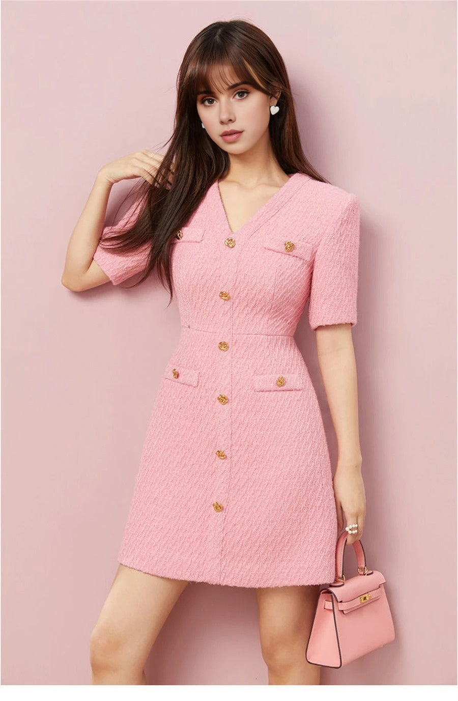 Y2K Tweed Pink Button Up Dress