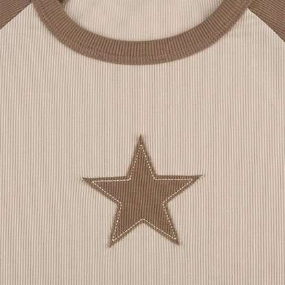 Raglan Sleeve Star Patch Ribbed Top