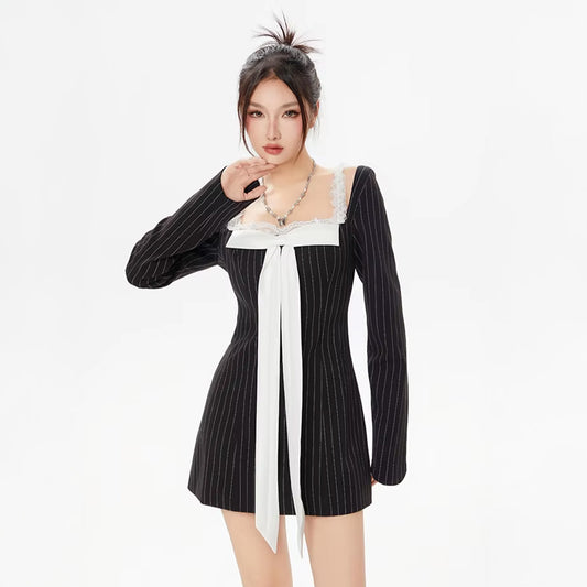 Bowknot Pinstripe Long Sleeve Dress