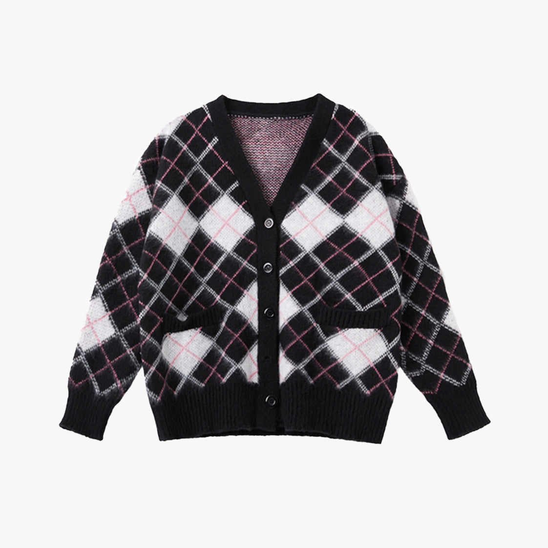 Argyle Jacquard Loose Fuzzy Cardigan