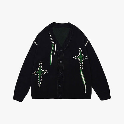 Green Star Contrast Line Knit Cardigan