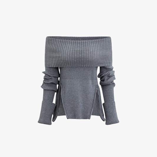 Grey Off Shoulder Knitted Jumper