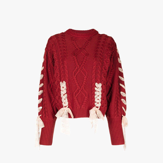 Retro Lace-up Red Knitted Sweater