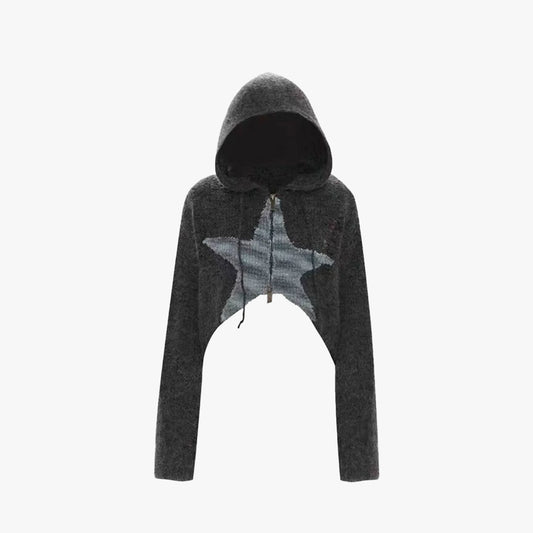 Star Girl Distressed Zip Up Knit Hoodie