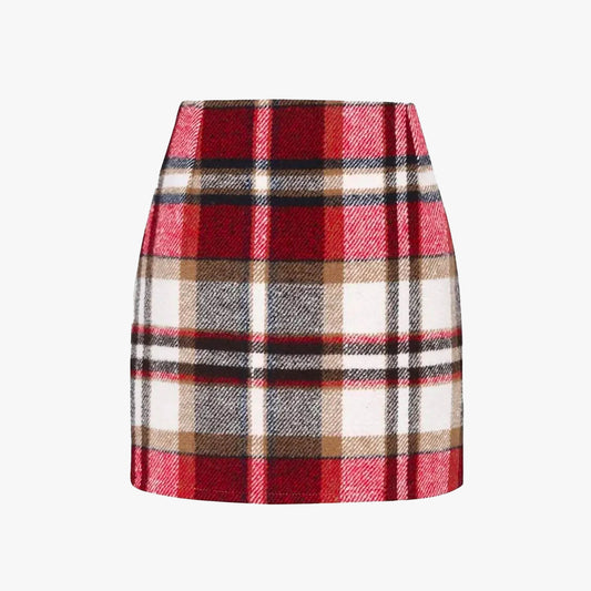Red Vintage Plaid Wool Mini Skirt