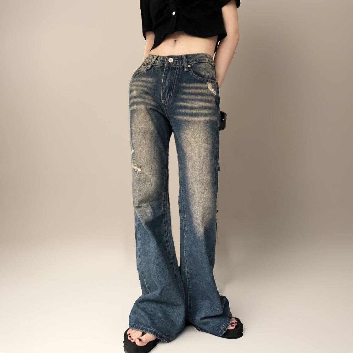 Y2k Low Waist Distressed Wash Flare Jeans