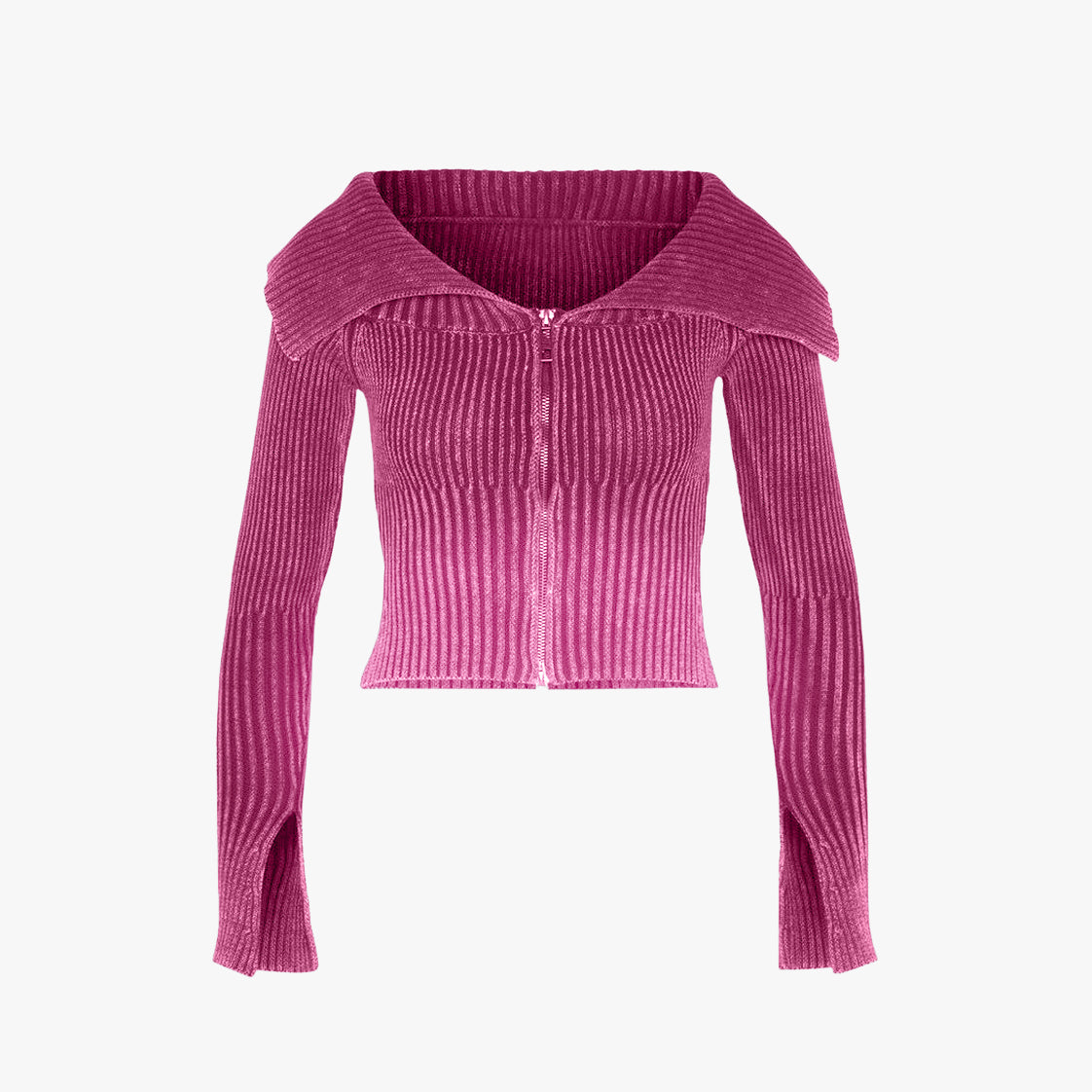 Lapel Zip-Up Knitted Top