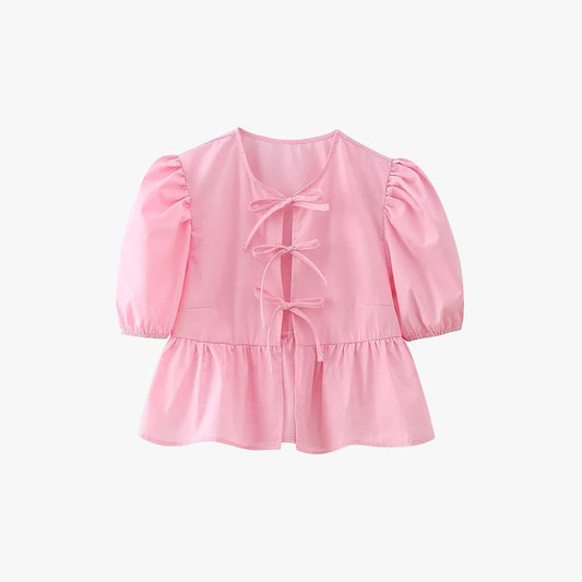 Soft Girl Bow Lace Up Puff Sleeve Blouse