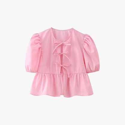 Soft Girl Bow Lace Up Puff Sleeve Blouse