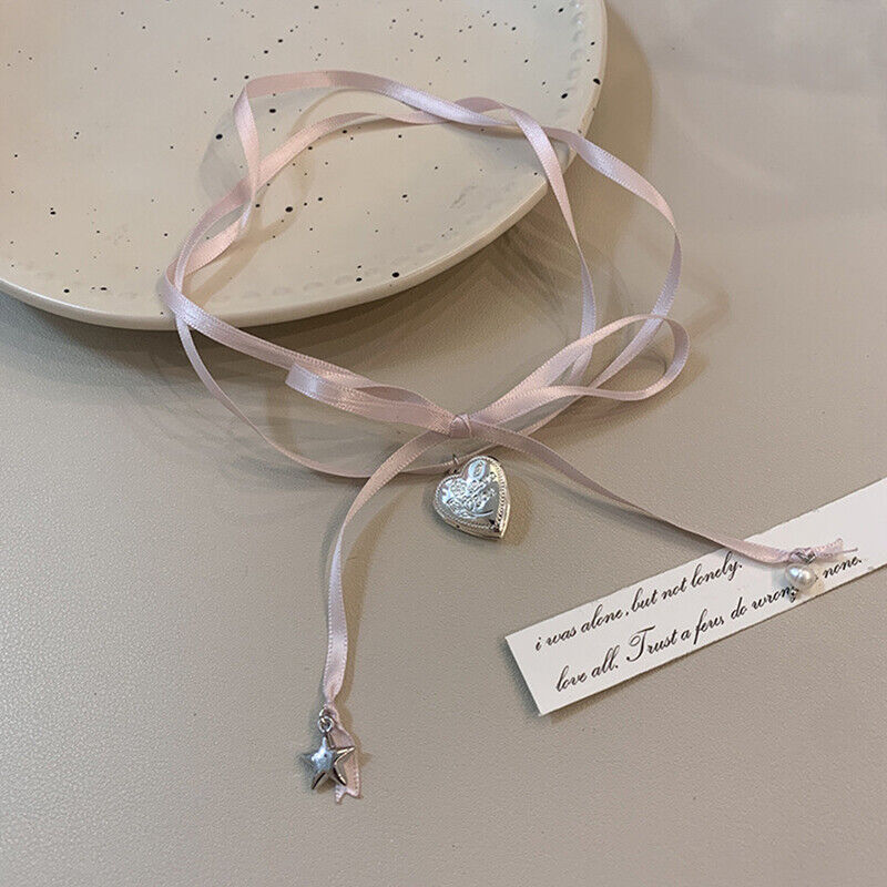 Ribbon Heart Silk Pendant Necklace