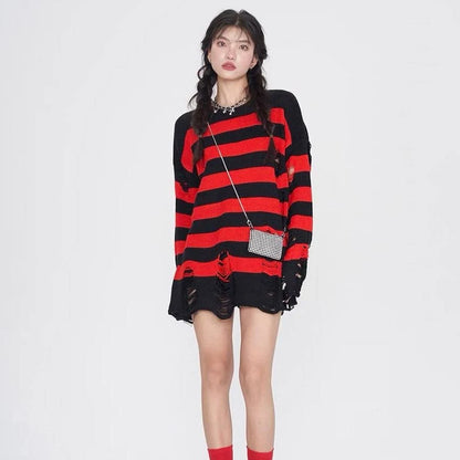 Grunge Unisex Striped Distressed Sweater