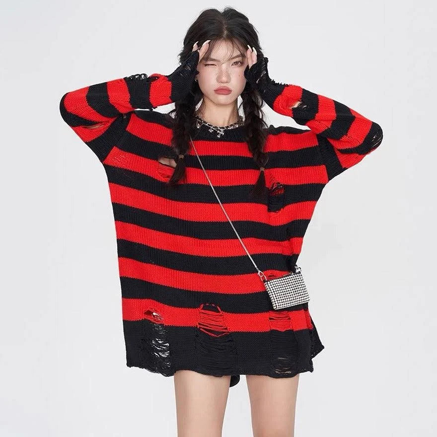 Grunge Unisex Striped Distressed Sweater