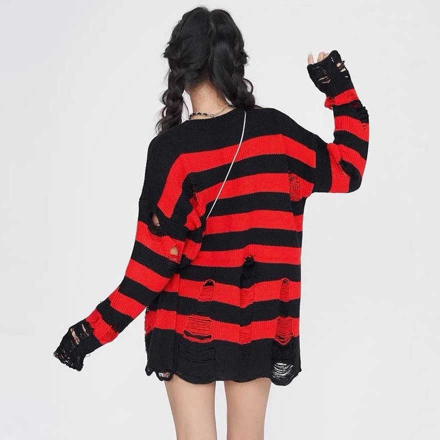 Grunge Unisex Striped Distressed Sweater